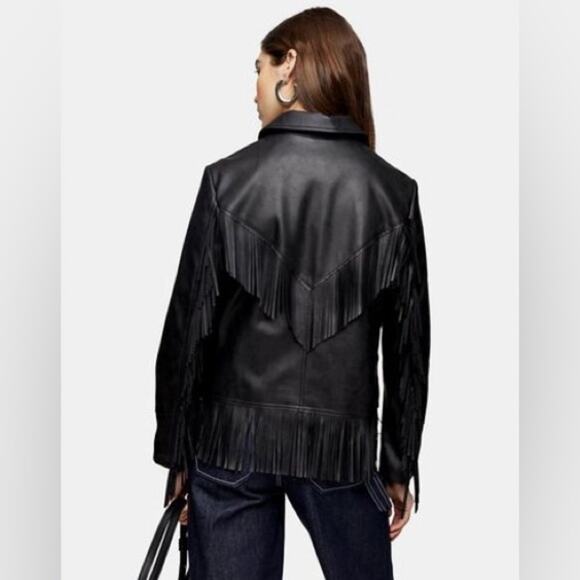 Topshop NWT Black Fringe Faux Leather Jacket Size 8 - Picture 2 of 11